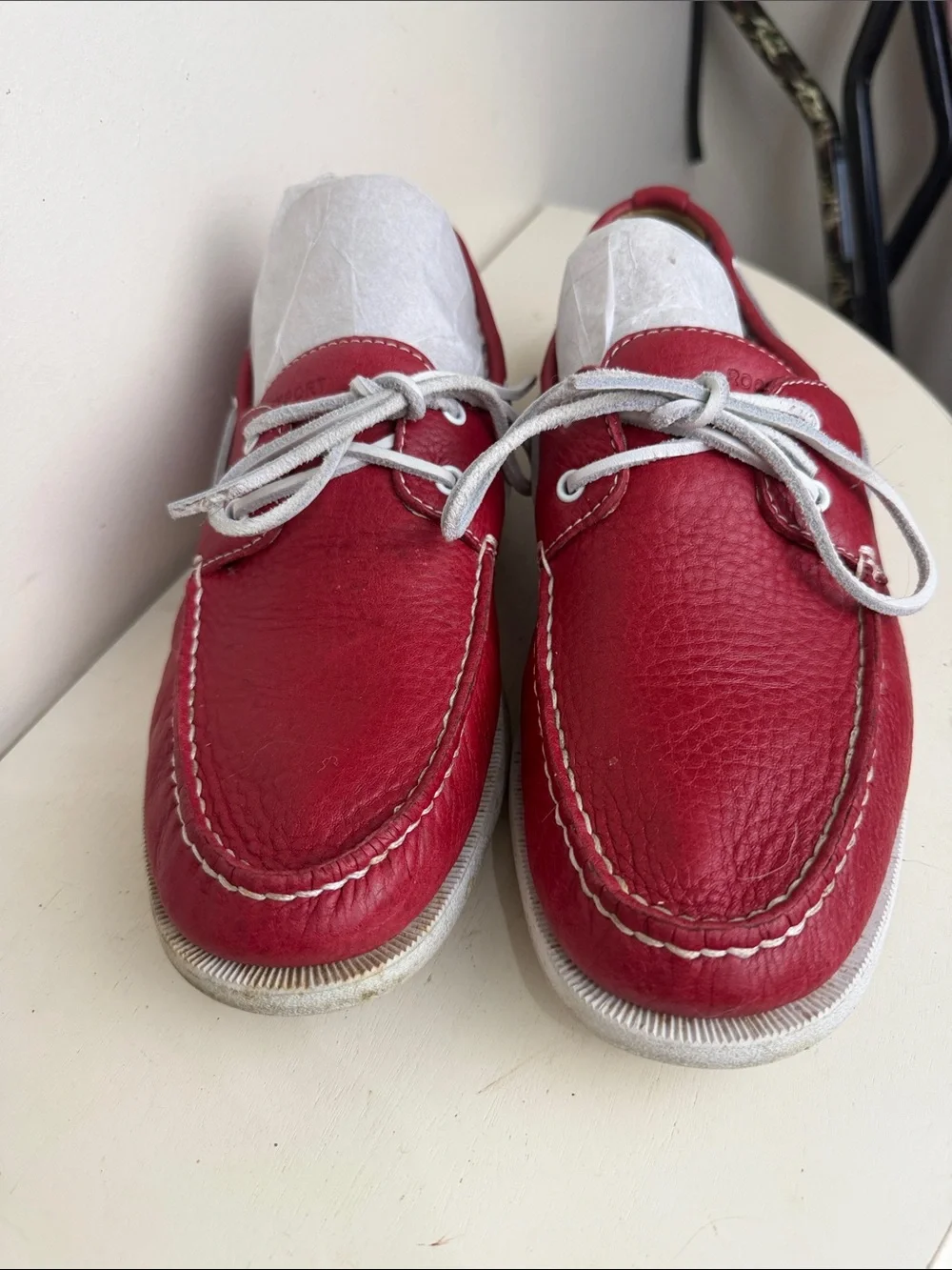 Rockport Men's Red Leather Boat Shoes with White Laces